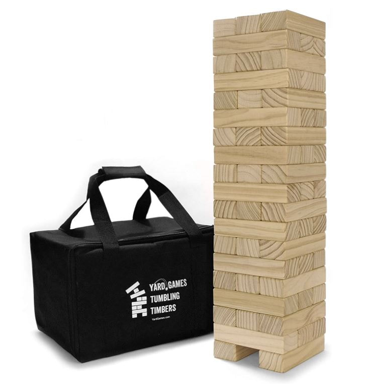 Large Tumbling Timbers with Carrying Case. Large size timbers include 56 timber blocks measuring 6 x 2 x 1.3 inches and stacks 19 levels high! Includes two extra blocks for added height and best packing arrangement.
Fully set up game starts at 6 x 6 inches and is 2 feet tall! Game can grow to over 4 feet while playing based on skill level. Replacement value: $57
