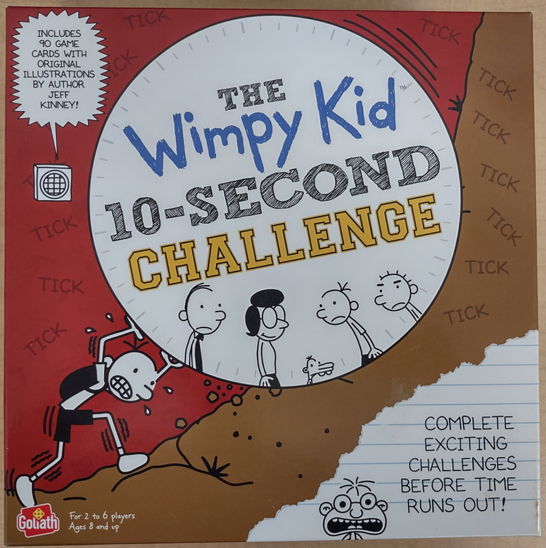 Diary of a Wimpy Kid 10-Second Challenge Game brings all the fun from the best-selling, award-winning book series to life! This game comes with everything you need to out wimp your friends and family. Play as your favorite character from the book series and race to be the first to get around the board. There are three categories of challenges: Single player, Categories and Two player. Will you be the Wimpy Kid Champion? Jumping challenges, balancing challenges, offbeat, unusual and brainy challenges. If you can do them in 10 seconds or less, you can outwimp your friends and win the game. Includes 90 game cards with original illustrations by Jeff Kinney. For 2-6 players, ages 8 and up. Replacement Value: $17