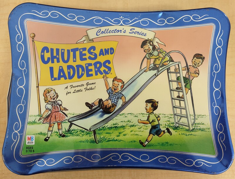 Chutes and Ladders Board Game. Climb up and slide down in the exciting game of ups and downs, Chutes and Ladders! You and the character on your pawn can see the square marked 100, but it's not so easy to get there. If you land on a good deed, you can shimmy up a ladder, but land on the wrong spot and you'll shoot down a chute! Spin the spinner to see how many spots you'll move. Will your new spot send you down or move you up, up, up? Slip, slide and see if you can win at Chutes and Ladders! 2-4 players, ages 4+. Replacement Value: $12