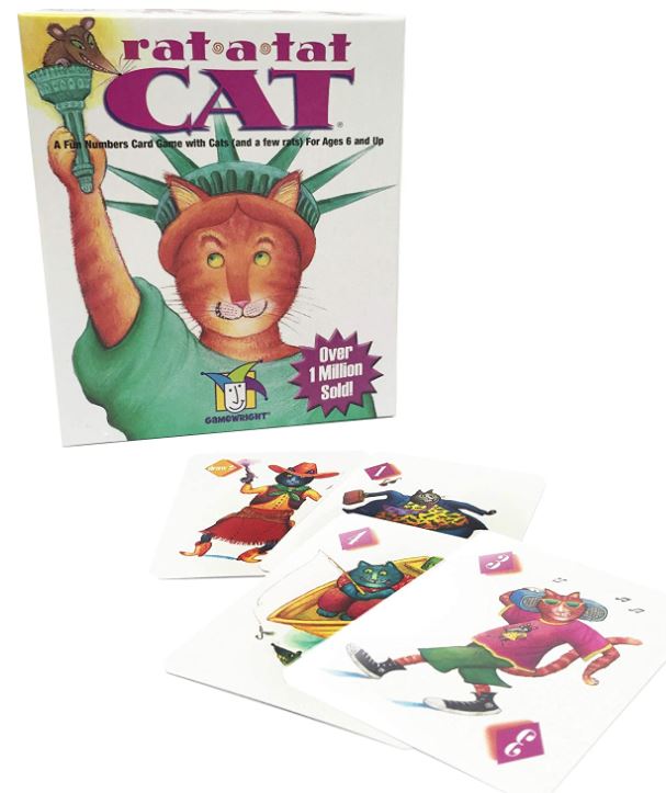 Rat-A-Tat-Cat Game. It's never too early to develop a good poker face. With Rat-a-Tat Cat, a poker face is just one of the skills players need to perfect. As in poker, luck, skill, strategy, and intuition each play a part. Players are dealt four cards, which are kept face- down, except for a quick peek at two of them. Each player in turn pulls a card from the draw pile to replace one of the four. Memory is important, as the object is to end with the lowest score, and players must keep track of the values on their four cards. "Peek," "Swap," and "Draw Two" Power cards turn up occasionally, allowing players to maneuver and strategize further. Delightfully witty pictures of cats (the good guys--low points) and rats (bad guys--high points) illustrate each of the 54 cards. Young card sharks will develop a sense of timing and greater ease with numbers, and can begin to grasp the concept of probability. Winner of Oppenheim Toy Portfolio Platinum Best Toy Award and the 1996 Mensa Best New Mind Game. For 2 to 6 players.
