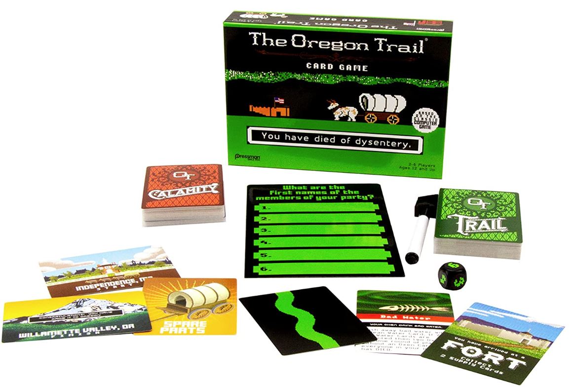 The Oregon Trail Card Game. All sorts of gruesome deaths await you and the rest of your wagon party in this official multi-player card game version of the classic computer game. To win, you'll need to keep one player alive all the way from Independence, MO to the Willamette Valley. But between rattlesnakes, starvation, dead oxen, broken bones, dysentery, and a host of other calamities, the odds are long...almost as long as the Oregon Trail itself. Players work together to move along the trail, fording rivers and playing Supply Cards to overcome calamities. Be warned - there will be times when it makes sense to let one of your wagon mates succumb to a calamity rather than expend precious supplies. Every time players go the way of all flesh, you'll flip over the roster card and write their names on tombstones (don't forget to include a quick epitaph). It's a great way to relive your fond memories of one of the world's most beloved computer games and to kill off your family and friends at the same time. For 2-6 players, ages 12 and up. Replacement value: $13