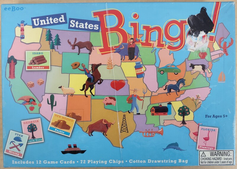 United States Geography Bingo Game. eeBoo's United States Geography Bingo game is a great way to learn about geography and states. Each bingo card represents a different region of the U.S. First player to collect all the chips in their region and shout "Bingo" wins! The chips feature icons symbolizing key industries and wildlife associated with each state. Additional information about the states can be found on the back of each card. Replacement value: $20