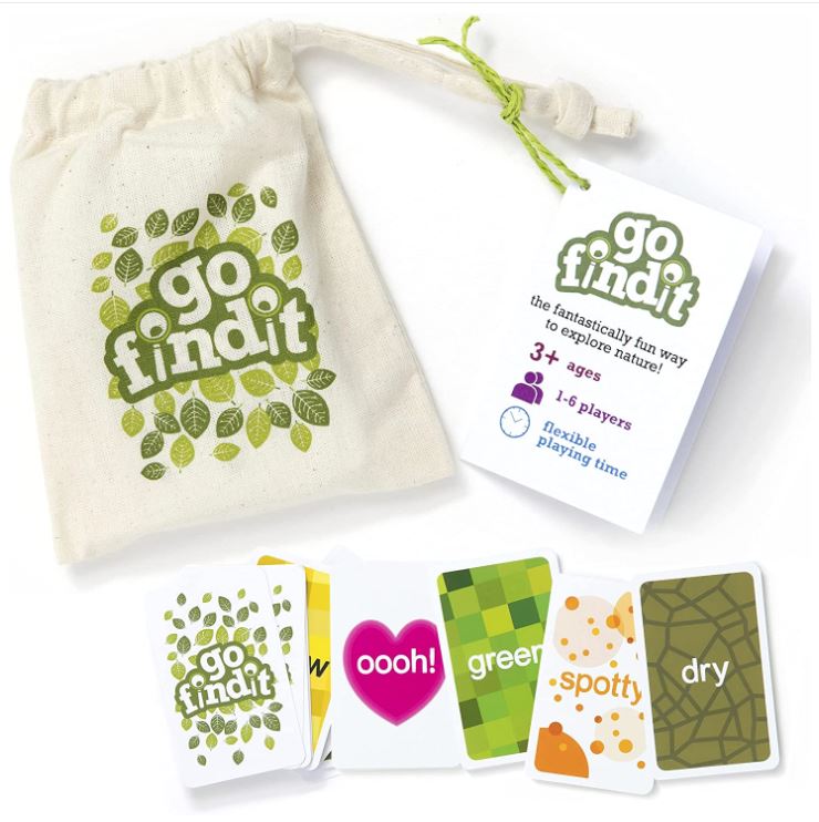 gofindit -The Original Outdoor Nature Scavenger Hunt Card Game. gofindit is the perfect inclusive family game that gets everyone outside and discovering nature through their senses. Perfect for natural learning, language development and image recognition. Developed by Sensory Trust all profits go back into their work helping people get equal access to the outdoors. Cards come in a small pocket sized drawstring bag to keep them together. Replacement value: $12
