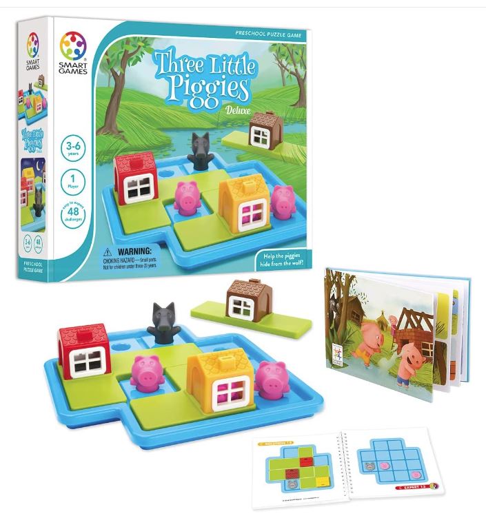 Three Little Piggies - Deluxe Cognitive Skill-Building Puzzle Game.  Can you help these three smart pigs build their houses? Can you set them up so that the pigs can play outside? If you spot the wolf can you help the pigs stay safe inside their houses?

Three Little Piggies is a great brain game for young children. It features 3 big puzzle pieces that are easy to hold, and kids will be intrigued by the way the pigs fit inside the houses and look through the windows. The game includes a story book with images and booklet with 48 challenges (24 with the wolf and 24 without). Also helps develop early Spatial Insight, Planning and Problem-Solving skills. Replacement value: $27