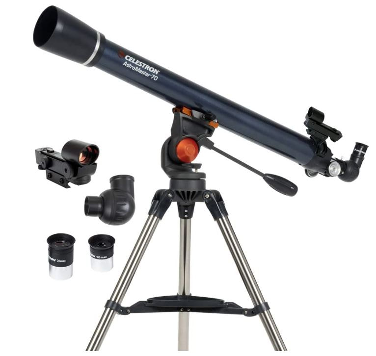 Celestron - AstroMaster 70AZ Refractor Telescope - Fully Coated Glass Optics - Adjustable Height Tripod. The Celestron AstroMaster is a superior choice for those looking for a professionally-designed, durable, and long-lasting dual-purpose telescope. This telescope is a user-friendly and powerful telescope engineered with a lightweight frame and fully-coated glass optics. It includes two eyepieces (20mm and 10mm), an adjustable-height tripod and a red dot finder scope. The AstroMaster is made of high-quality materials to provide clear and bright images of Saturn, Jupiter, and the Moon, along with deep space objects including brighter galaxies and nebulae. For even more versatility, you can also use this telescope for viewing land based objects during the daytime hours. The two eyepieces combined with the powerful 70mm aperture optics produce amazing magnification. The 20mm eyepiece has a 45x magnification, while the second 10mm eyepiece can zoom up to 90x. This combination permits you to focus on distant objects with amazing clarity and perception. The telescope is quick to set up and requires no tools for assembly. This fun to use and precision manufactured telescope includes a rugged, pre-assembled tripod with 1.25-inch steel tube legs, which provides a stable platform for hours of safe use. This telescope also comes with an accessory tray. Replacement value: $165